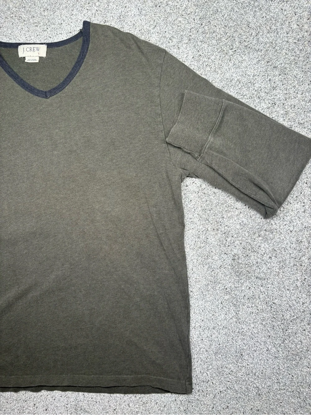 Vintage J. Crew Olive V-Neck Sweater with Navy trim Large